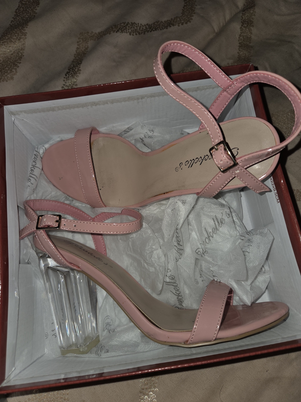 Women's Pink Strappy Clear-Block Heel Sandals